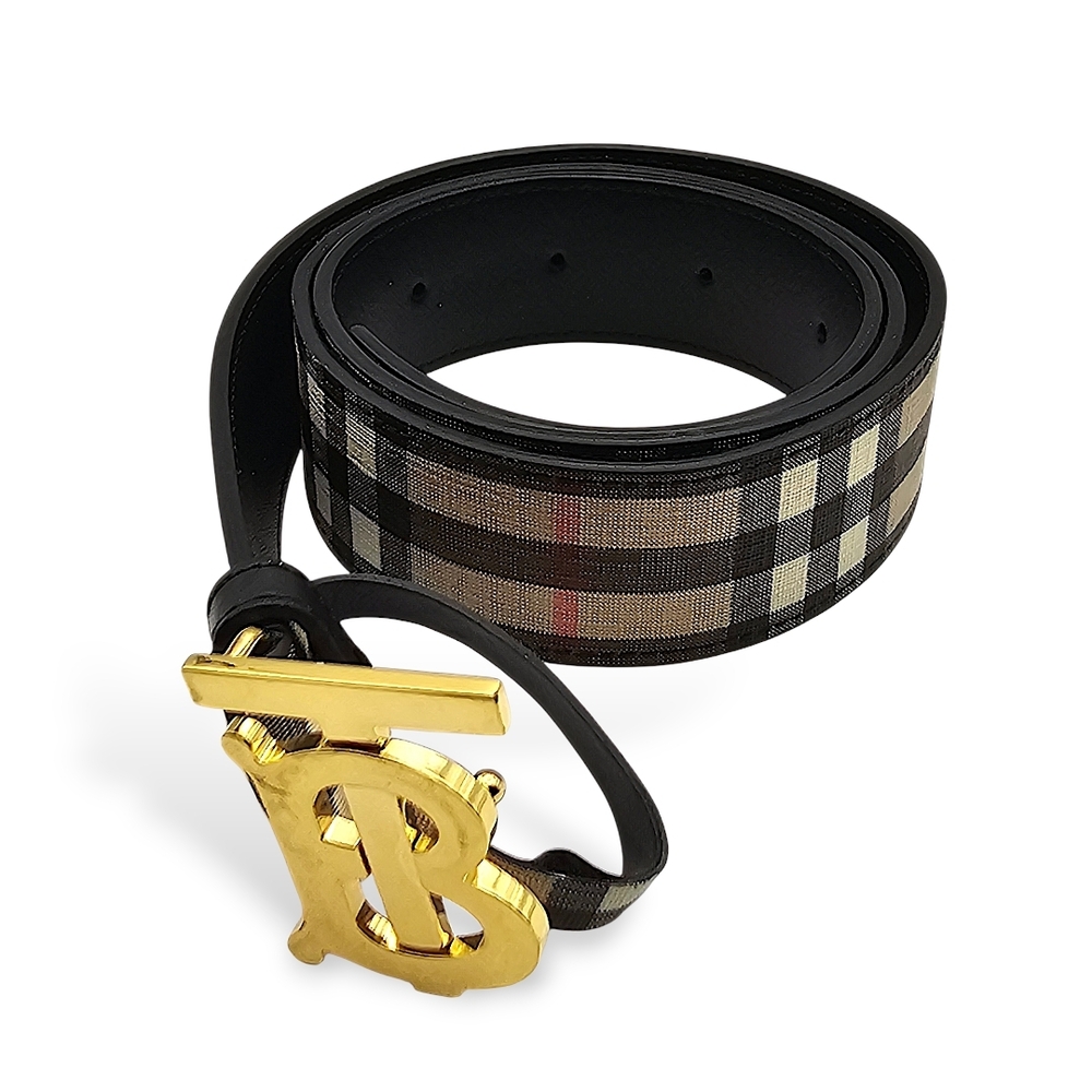 Burberry Black and Tan Plaid Belt with Gold Monogram Buckle